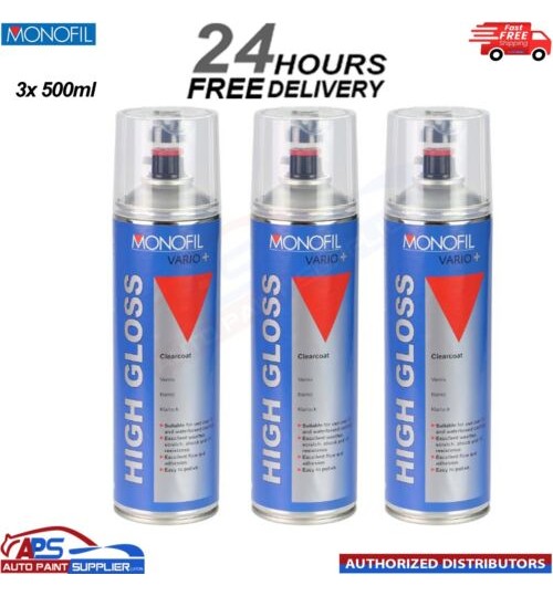 3x MONOFIL VARIO+ HIGH GLOSS CLEARCOAT FINISH LACQUER SPRAY CLEAR Aerosol 500ml